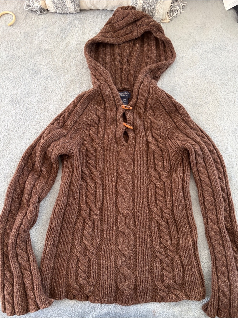 American Eagle Outfitters Y2K Brown Cable Knit Hooded Sweater 100% Lambs Wool